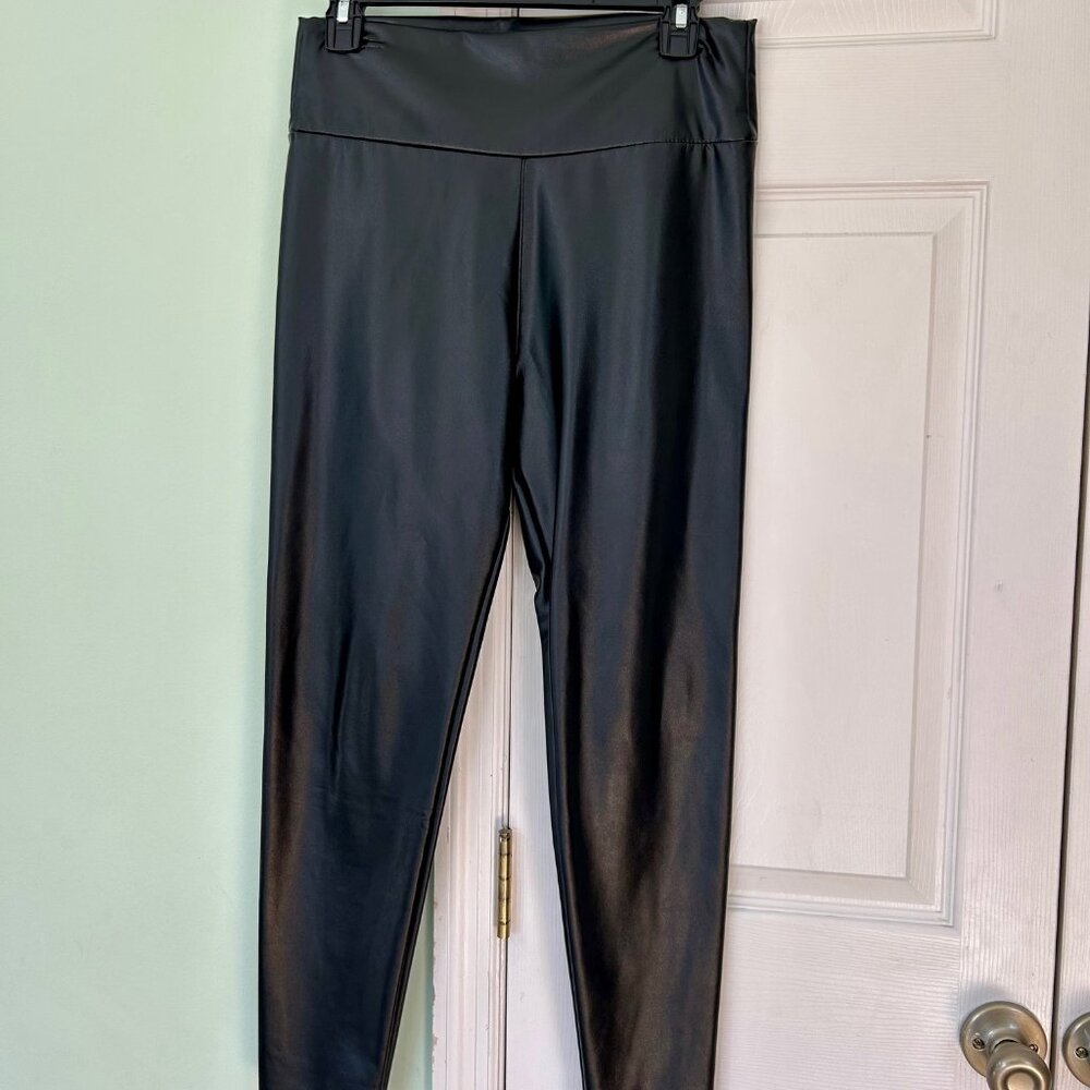 Black Faux Leather Leggings Size L High Waist Stretch